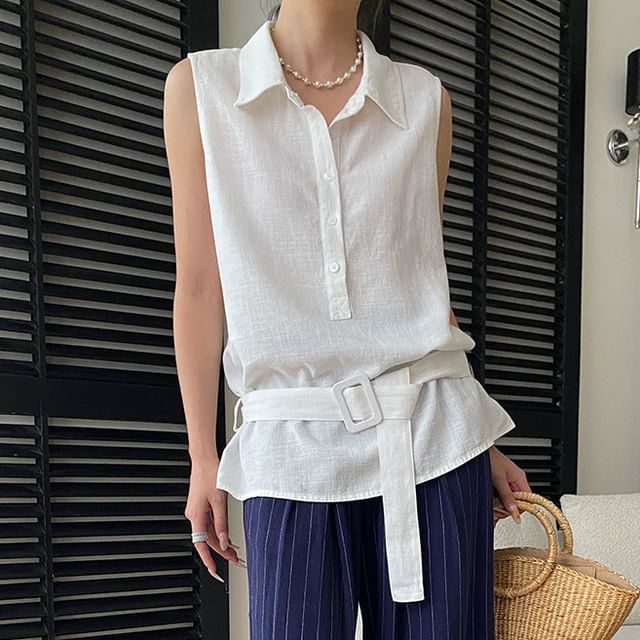 Asiris-Set Sleeveless Collared Half-Buttoned Plain Blouse Belt