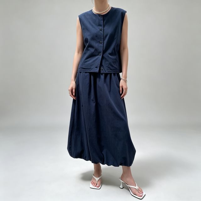 Asiris-Set Sleeveless Crew Neck Button-Up Plain Blouse High Waist Bubble Hem Midi A-Line Skirt