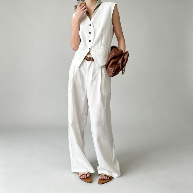Asiris-Set Sleeveless V-Neck Plain Button Up Vest Mid Rise Plain Pleated Wide Leg Pants