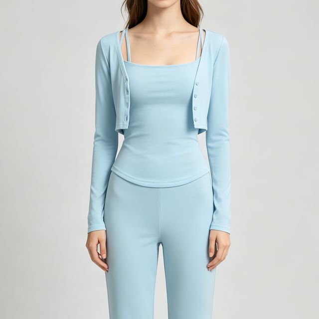 Asiris-Set Spaghetti Strap Scoop Neck Plain Camisole Top Button Up Crop Cardigan