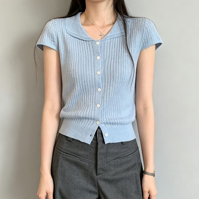 Asiris-Short-Sleeve Collared Button-Up Plain Knit Top