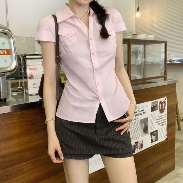 Asiris-Short-Sleeve Collared Plain Button Up Shirt