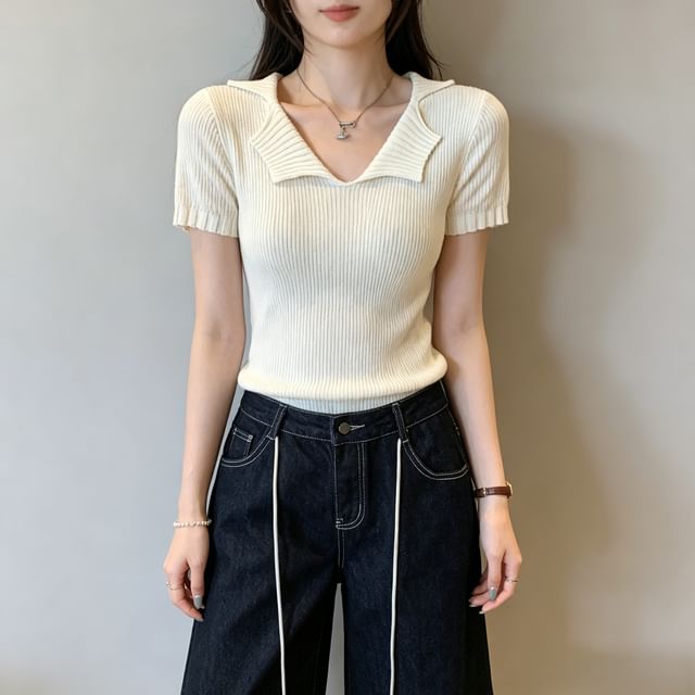 Asiris-Short-Sleeve Collared Plain Knit Top