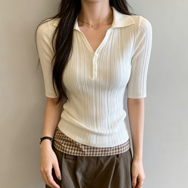Asiris-Short Sleeve Collared V-Neck Plain Button Ribbed Knit Top
