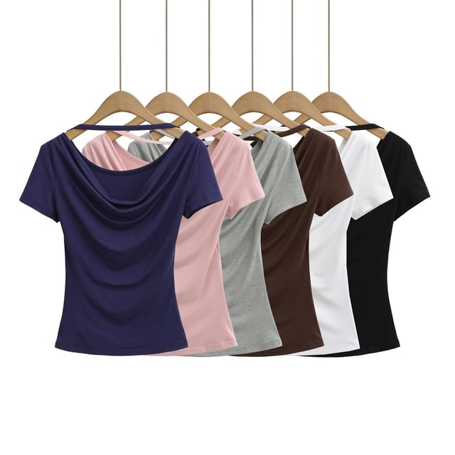 Asiris-Short-Sleeve Cowl Neck Plain Crop Tee