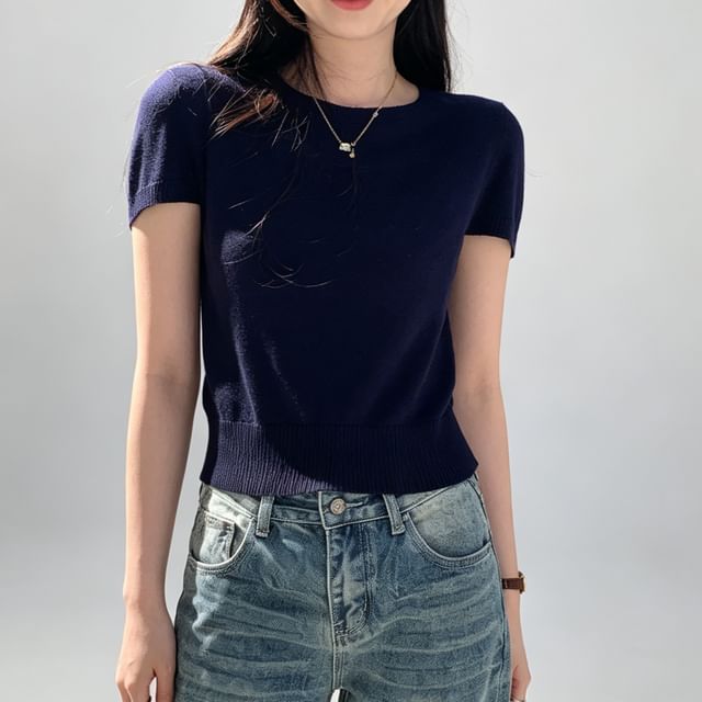 Asiris-Short-Sleeve Crew Neck Plain Crop Knit Top