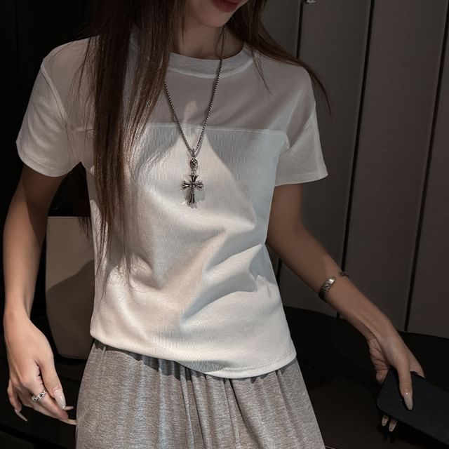 Asiris-Short Sleeve Crew Neck Plain Panel Mesh T-Shirt