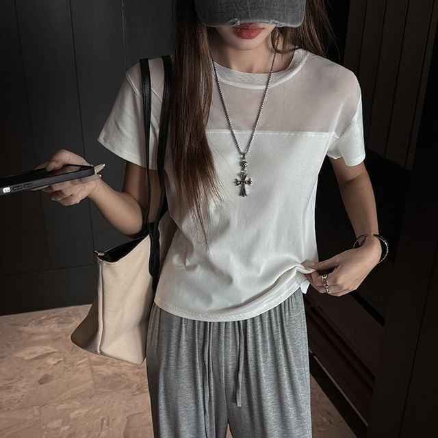Asiris-Short-Sleeve Crew Neck Plain Panel T-Shirt