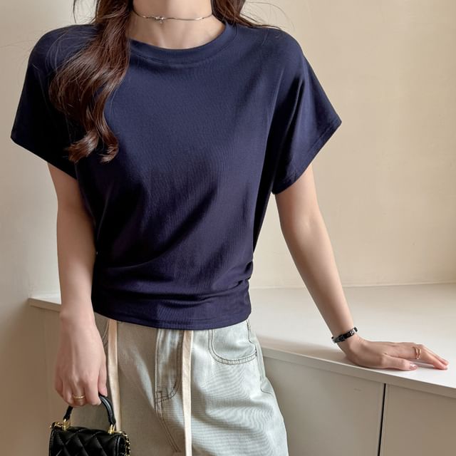 Asiris-Short-Sleeve Crew Neck Plain Ruched T-Shirt