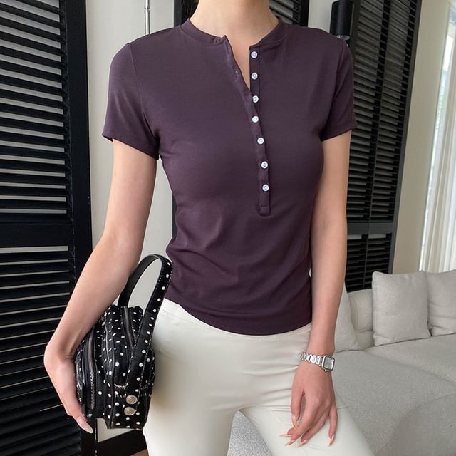 Asiris-Short-Sleeve Henley Plain T-Shirt