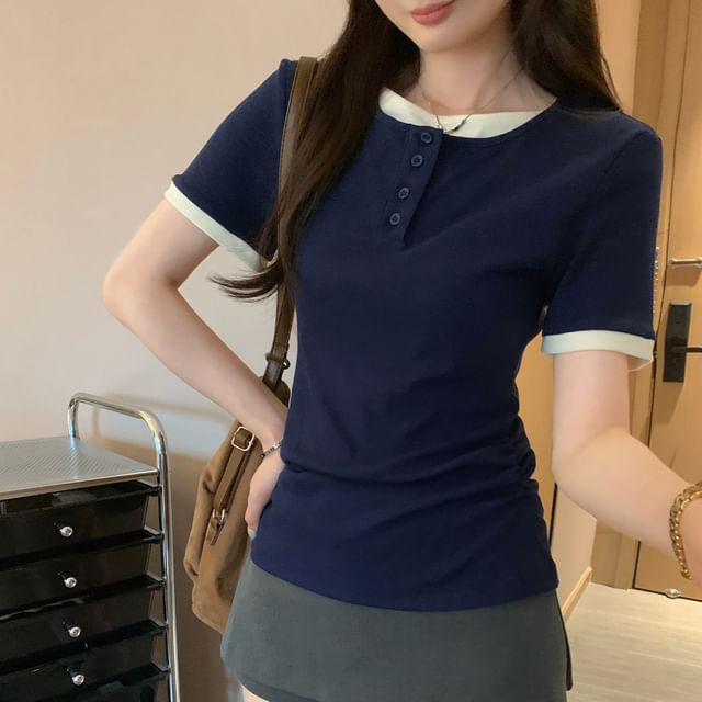Asiris-Short Sleeve Mock Two Piece Half-Button Slim-Fit Top