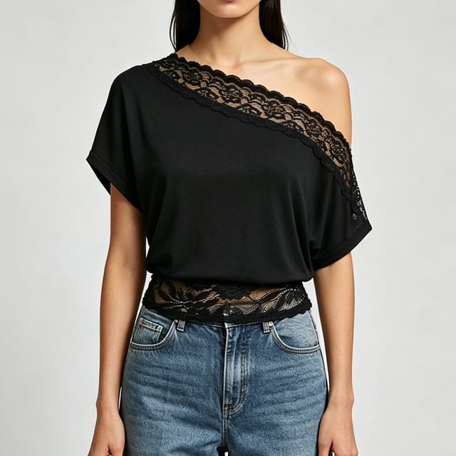 Asiris-Short-Sleeve Off Shoulder Lace Panel Plain Crop Top