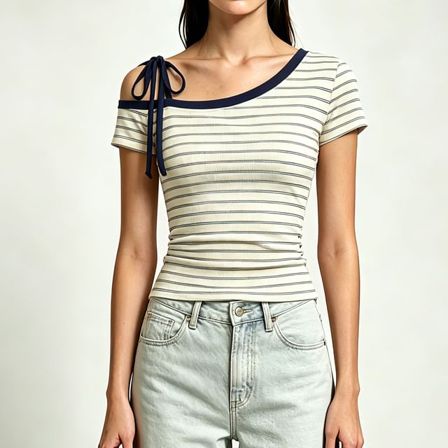 Asiris-Short-Sleeve Off Shoulder Striped Top