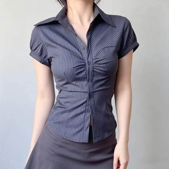 Asiris-Short-Sleeve Pinstripe Cinched Crop Shirt