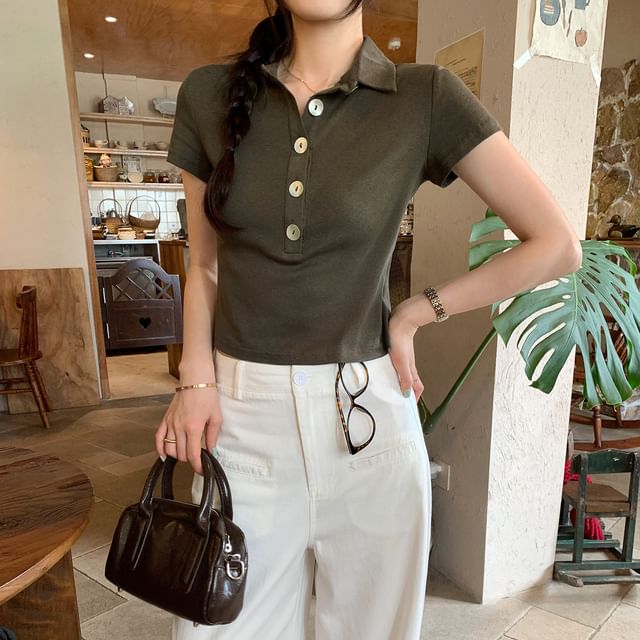 Asiris-Short-Sleeve Plain Crop Polo Top