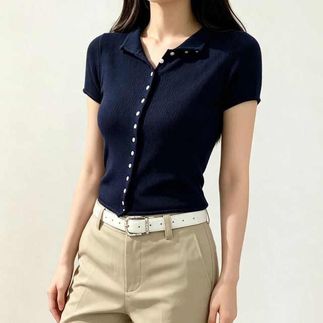 Asiris-Short-Sleeve Round Neck Plain Button Up Crop Knit Top