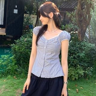 Asiris-Short-Sleeve Scoop Neck Striped Button Up Blouse