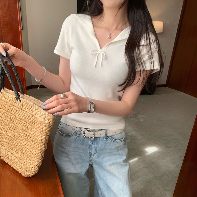 Asiris-Short-Sleeve Split Neck Plain Slim Fit Crop Knit Top