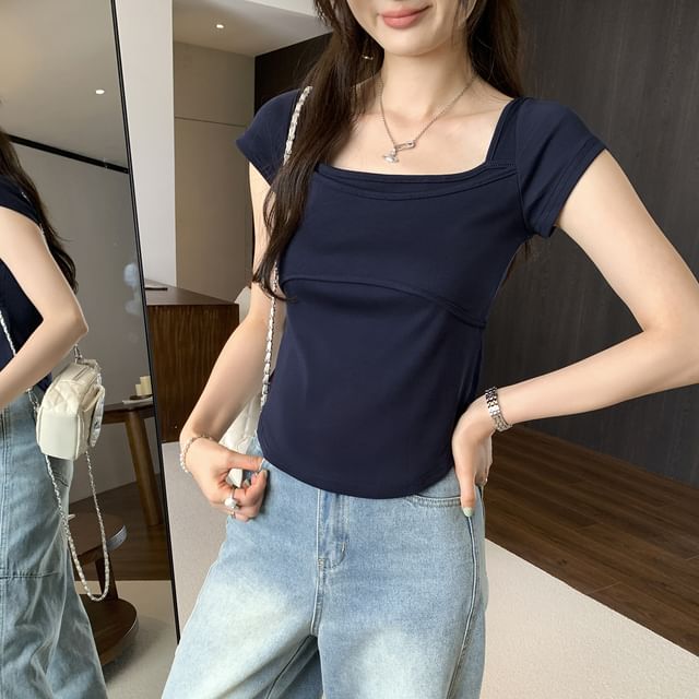 Asiris-Short-Sleeve Square Neck Plain Mock Two Piece Tee