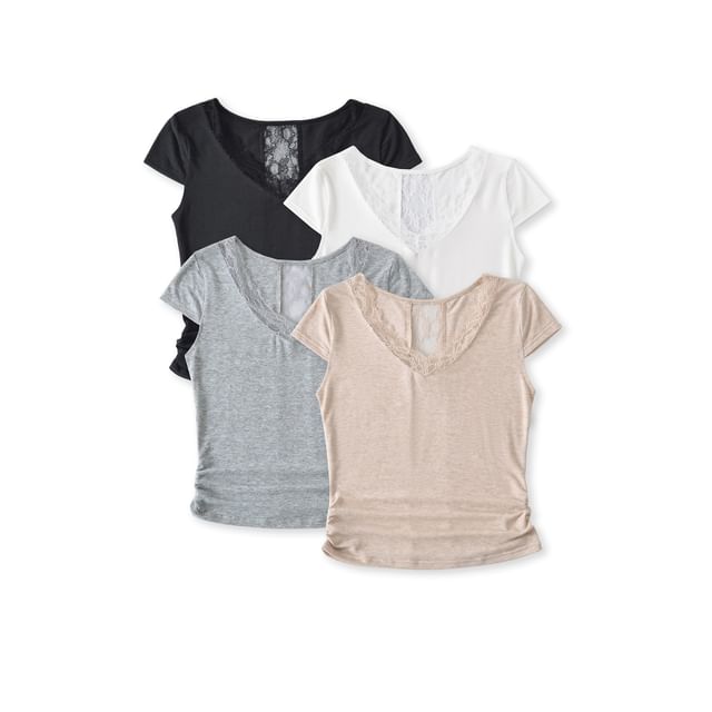 Asiris-Short-Sleeve V-Neck Lace Trim Plain Tee