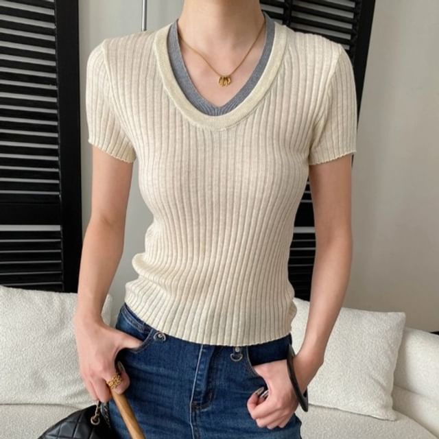 Asiris-Short-Sleeve V-Neck Mock Two Piece Ribbed Knit Top