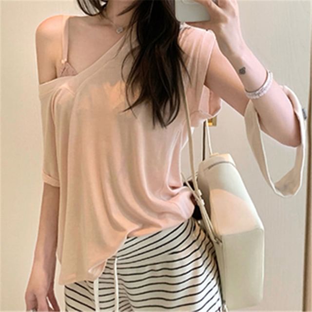 Asiris-Short Sleeve V-Neck Plain Loose-Fit Tee