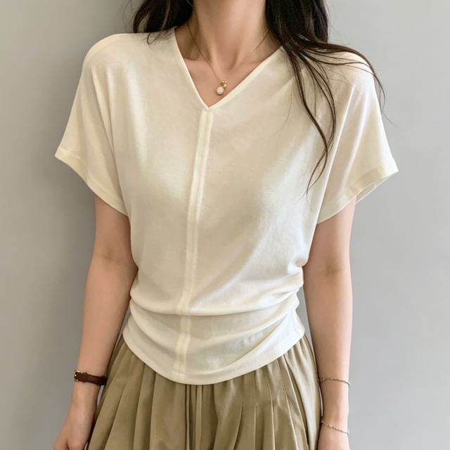Asiris-Short-Sleeve V-Neck Plain Ruched T-Shirt