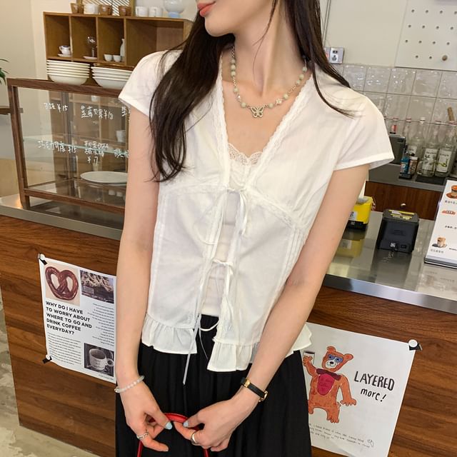 Asiris-Short-Sleeve V-Neck Plain Ruffle Trim Blouse
