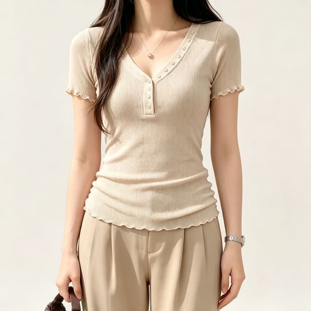 Asiris-Short-Sleeve V-Neck Plain Ruffle Trim Top