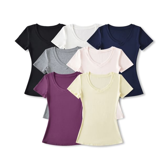 Asiris-Short-Sleeve V-Neck Plain T-Shirt