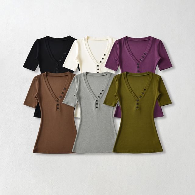 Asiris-Short Sleeve V-Neck Plain T-Shirt