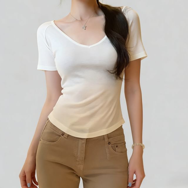 Asiris-Short Sleeve V-Neck Plain T-Shirt