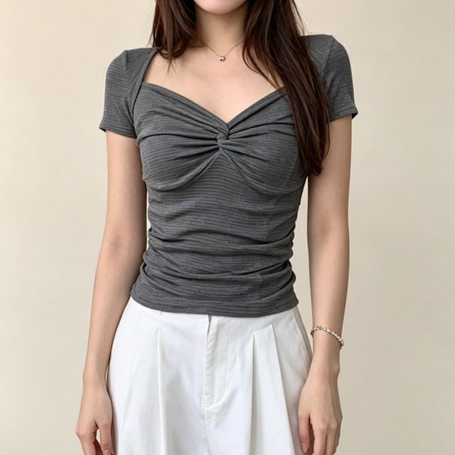 Asiris-Short-Sleeve V-Neck Striped Twisted Crop Top