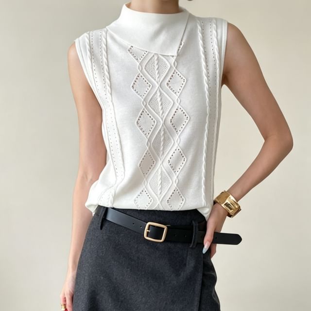 Asiris-Sleeveless Collared Cable Knit Top
