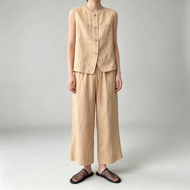 Asiris-Sleeveless Crew Neck Button-Up Plain Blouse Drawstring Waist Cropped Wide Leg Pants