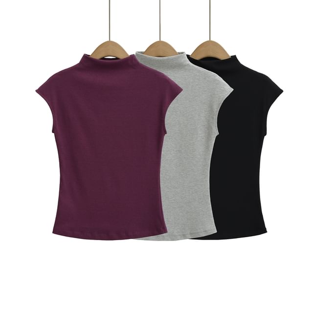 Asiris-Sleeveless Mock Neck Plain Crop Top