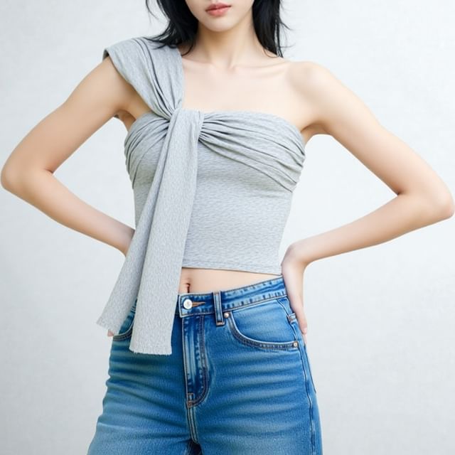 Asiris-Sleeveless One Shoulder Knot Crop Top