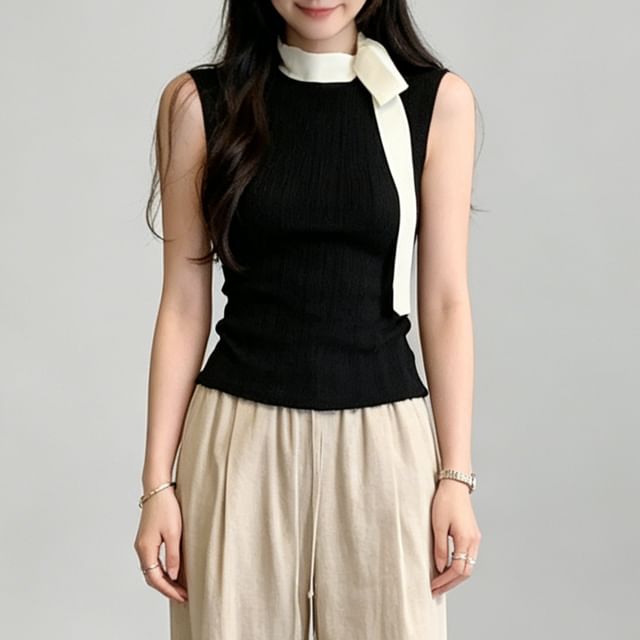 Asiris-Sleeveless Ribbon Accent Two Tone Top