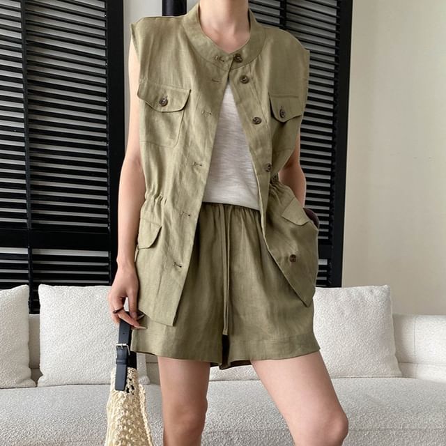 Asiris-Sleeveless Stand Collar Button-Up Plain Blouse Drawstring Waist Wide Leg Shorts