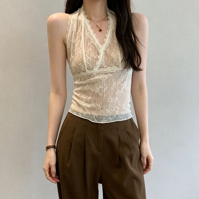 Asiris-Sleeveless V-Neck Lace Crop Top