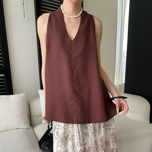 Asiris-Sleeveless V-Neck Linen Plain Top