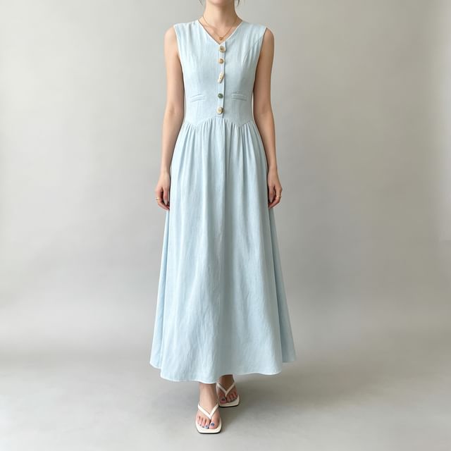 Asiris-Sleeveless V-Neck Plain Button Up Midi A-Line Dress