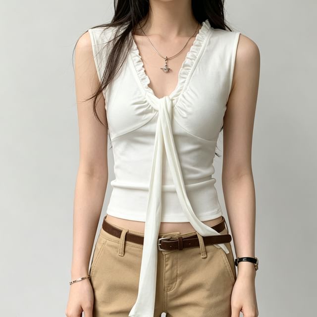 Asiris-Sleeveless V-Neck Plain Ruffle Tie Front Top