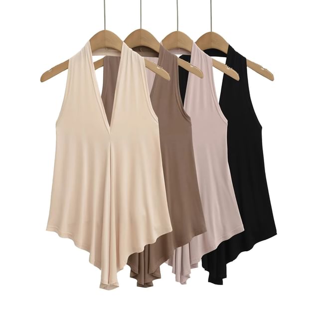 Asiris-Sleeveless V-Neck Plain Ruffle Top