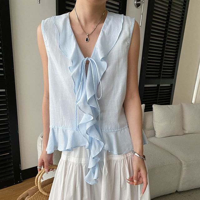 Asiris-Sleeveless V-Neck Plain Ruffle Trim Tie Front Blouse