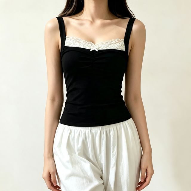 Asiris-Spaghetti Strap Square Neck Plain Lace Trim Camisole Top