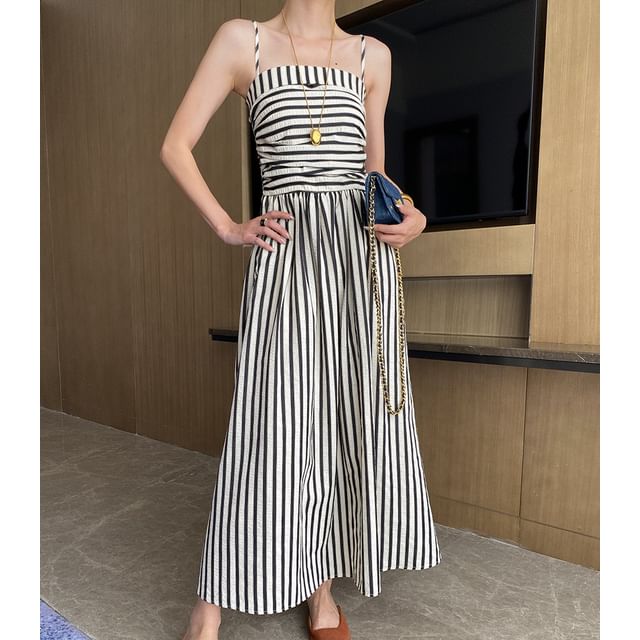 Asiris-Spaghetti Strap Striped Ruched Maxi A-Line Dress