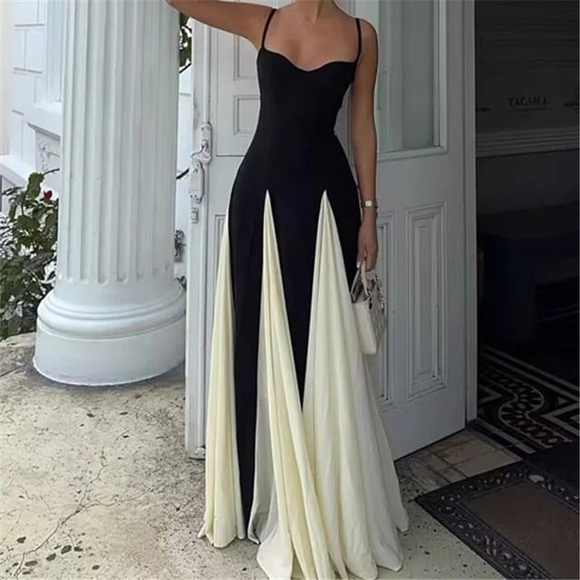 Asiris-Spaghetti Strap Two Tone Maxi A-Line Dress
