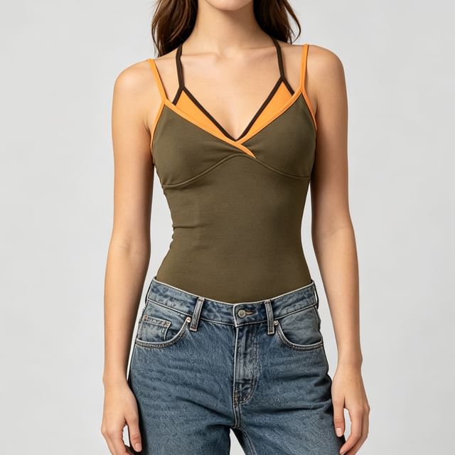 Asiris-Spaghetti Strap V-Neck Contrast Trim Mock Two Piece Camisole Top