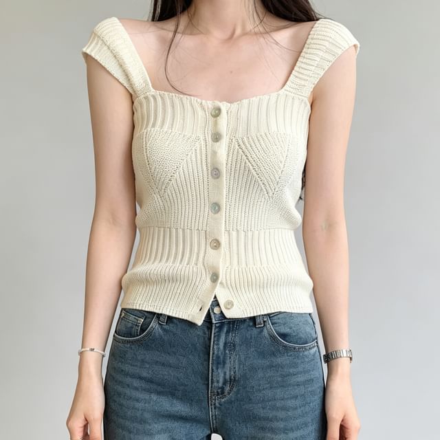 Asiris-Square Neck Button-Up Plain Knit Crop Tank Top